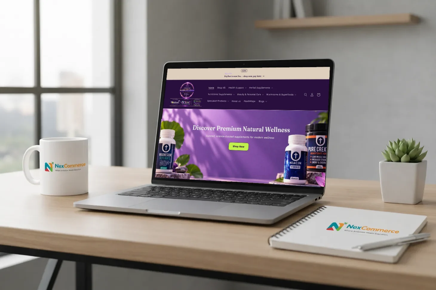 NexCommerce - Digital workspace with branded laptop and mug