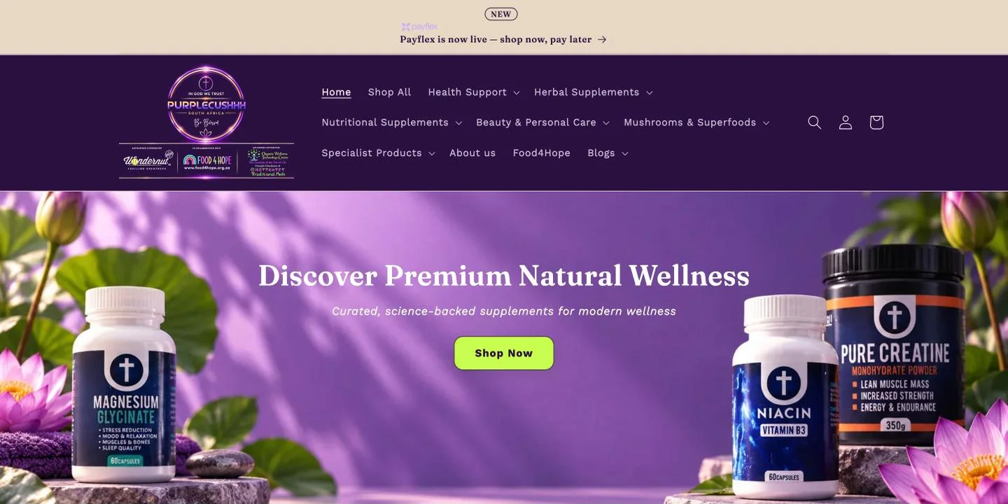 Purple Cushhh homepage on Shopify, 2026