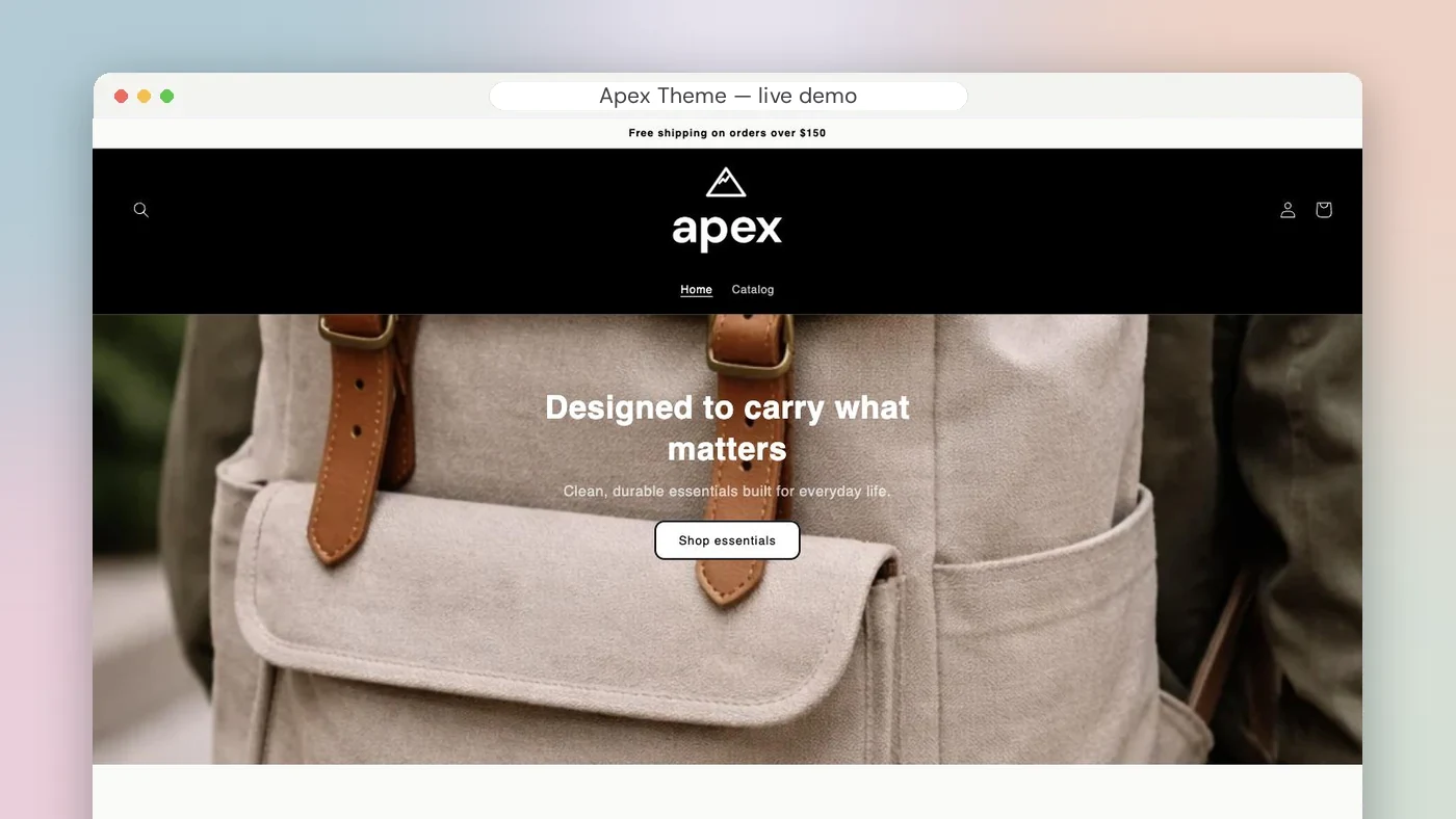Apex Shopify theme homepage with hero banner and product grid