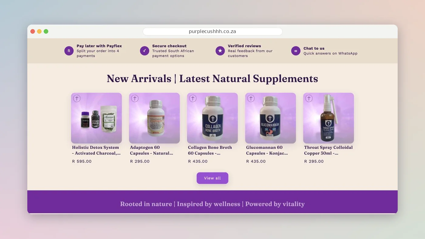 Purple Cushhh South Africa homepage, built by NexCommerce
