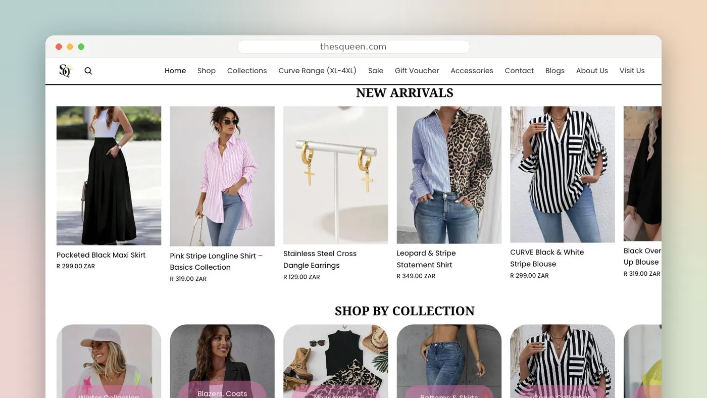 The Shopping Queen homepage showing new arrivals and collections